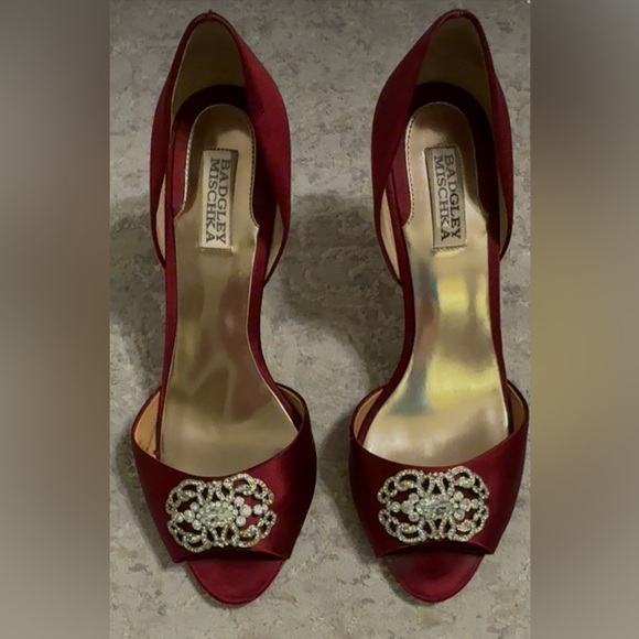 Badgley Mischka Burgundy Satin Peep-Toe Heels with Crystal embellishment - Picture 9 of 13